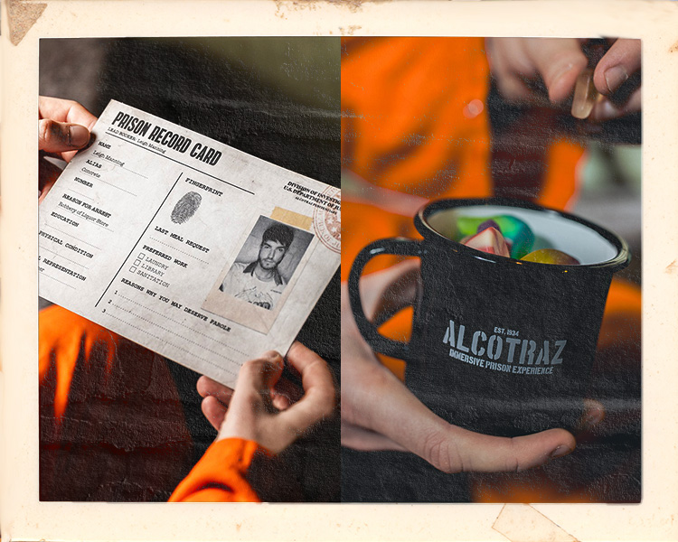 Alcotraz immersive mug-shot ticket with custom cocktail - immersive prison themed bar.