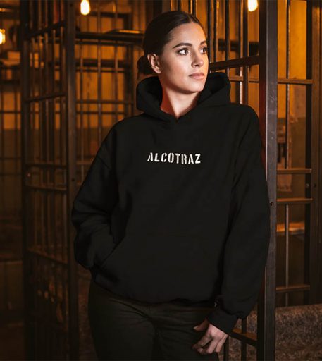 Black Alcotraz hoodie - branded merchandise from this prison-themed immersive cocktail bar experience.