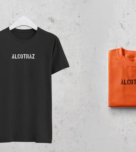 Alcotraz branded t-shirts - merchandise from this prison-themed immersive cocktail bar experience.