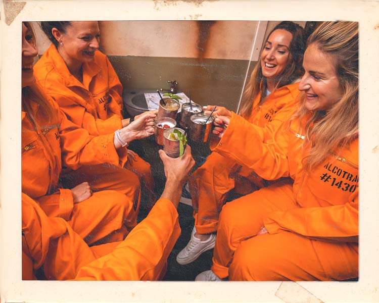 Hen party at Alcotraz - prison-themed immersive cocktail bar perfect for bachelorette celebrations.