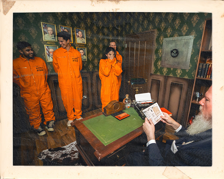 Birthday celebration in Warden's Office at Alcotraz - prison-themed immersive cocktail bar.