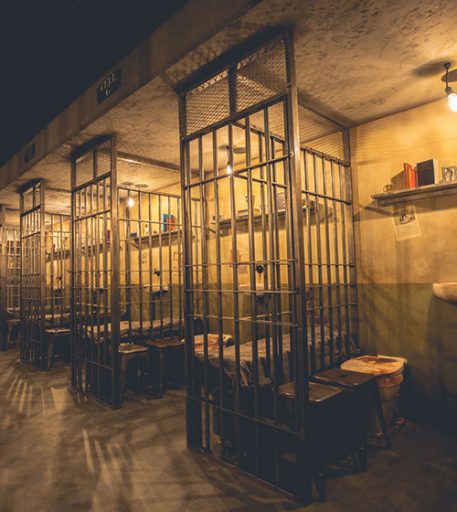 London Alcotraz venue interior with jail cells - immersive prison-themed cocktail bar experience in the heart of the city.