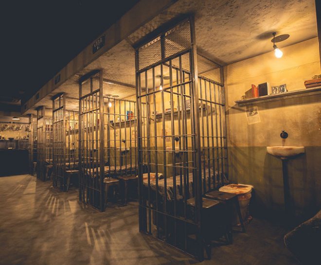 London Alcotraz venue interior with jail cells - immersive prison-themed cocktail bar experience in the heart of the city.