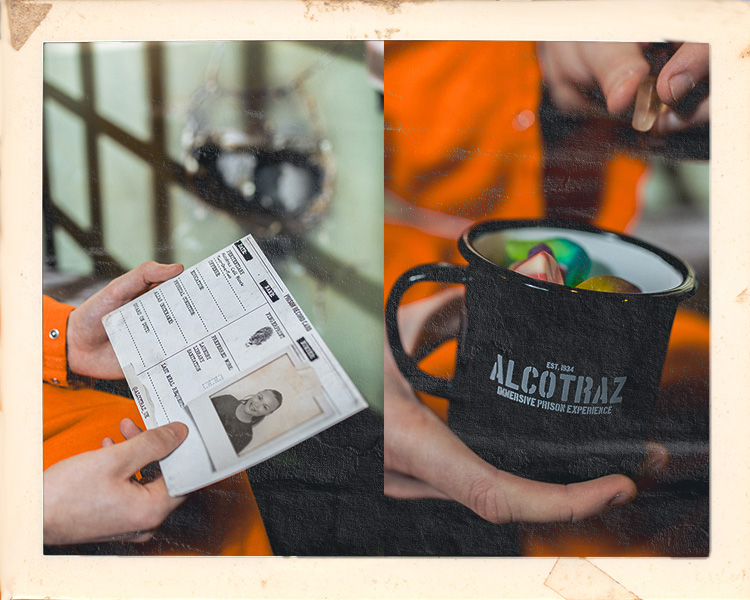 Alcotraz immersive mug-shot ticket with custom cocktail - immersive prison bar.