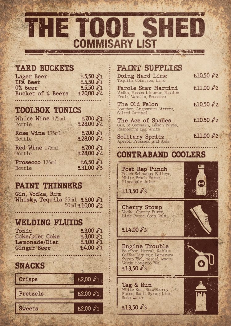 Alcotraz promotional menu with contraband coolers - prison-themed immersive cocktail bar experience
